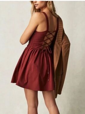 Free People East Side Lace-Up Mini Dress in Rust  M